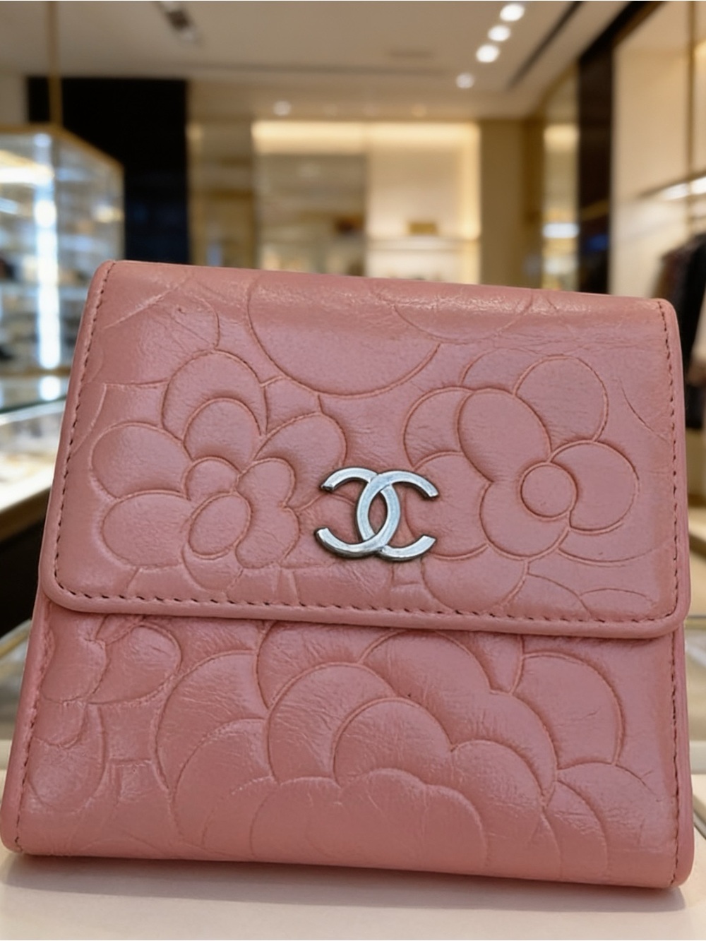 CHANEL Pink Camellia Embossed Mini bi fold Wallet with Silver CC